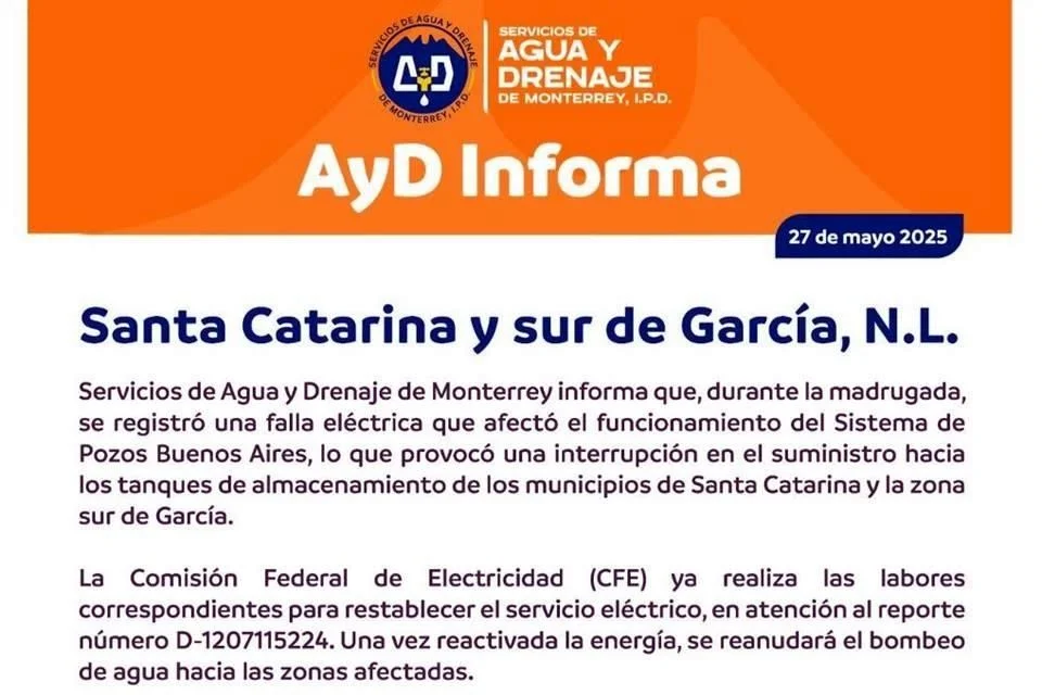 La Comisión Federal de Electricidad (CFE) ya trabaja en la reparación del servicio eléctrico, tras recibir el reporte número D-1207115224. Una vez restablecida la energía, se reanudará el bombeo de agua hacia las zonas afectadas.