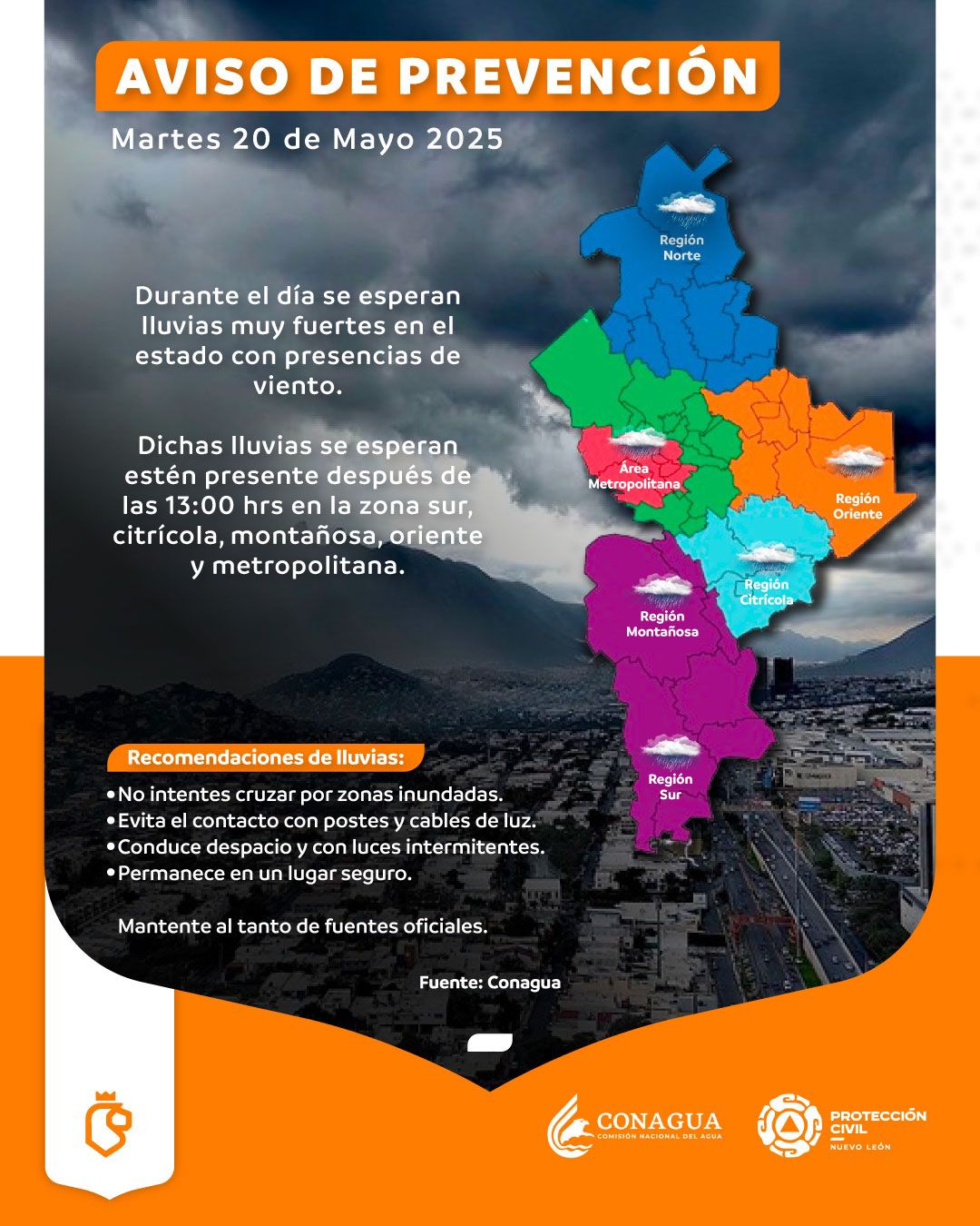 Frente Frío fuera de temporada provocará lluvias intensas y vientos fuertes en Nuevo León