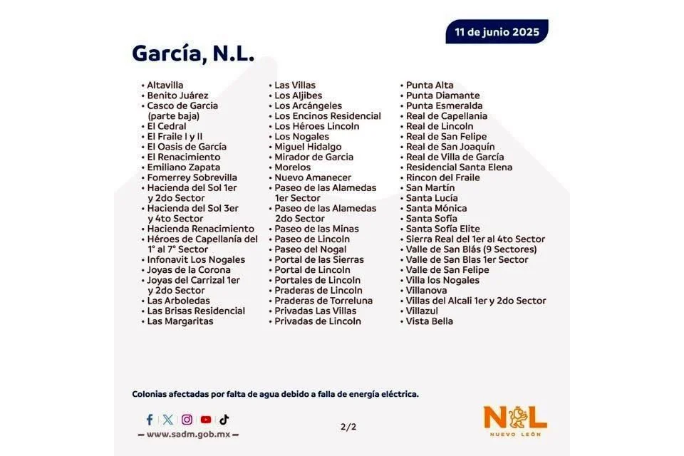Una falla eléctrica registrada en el tanque de almacenamiento “Fraile I” dejó sin servicio de agua potable a al menos 65 colonias del municipio de García, informó Agua y Drenaje de Monterrey mediante un comunicado oficial.