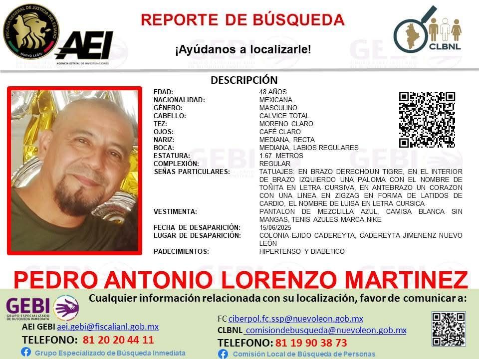 El hombre, trabajador de la clínica #270 del IMSS en Reynosa, fue visto por última vez el pasado 15 de junio a las 10:00 horas, en la colonia Ejido Cadereyta, cuando se dirigía de regreso a su ciudad.