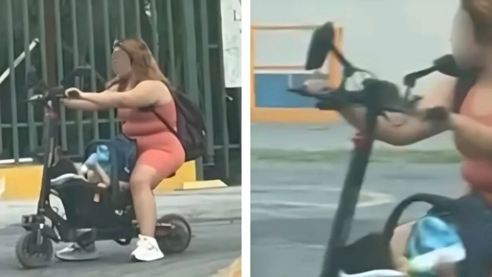 Una mujer fue grabada mientras se desplazaba en un scooter eléctrico con un bebé en portabebé, sin ningún tipo de protección, por calles del municipio de Escobedo, Nuevo León.